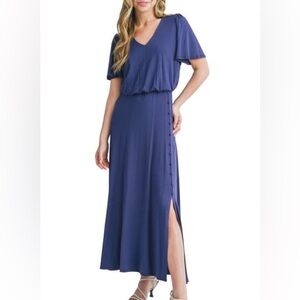 Mila Mae Button Trim Stretch Maxi Dress - blue - L - NWT